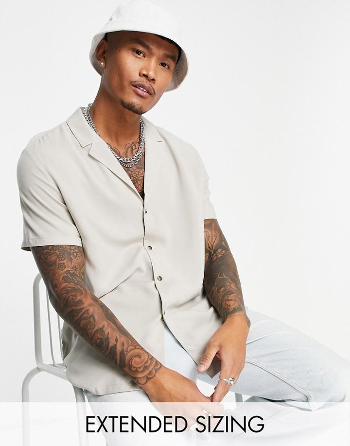 Asos Design Relaxed Viscose Shirt With Deep Revere In Stone-neutral