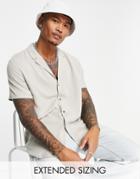 Asos Design Relaxed Viscose Shirt With Deep Revere In Stone-neutral