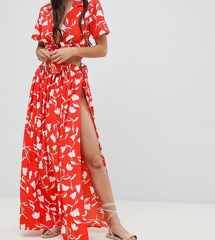 Asos Design Petite Split Front Beach Two-piece Skirt In Senorita Floral Print - Red