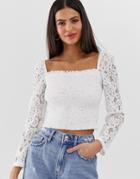 River Island Shirred Top With Lace Sleeves In White - White
