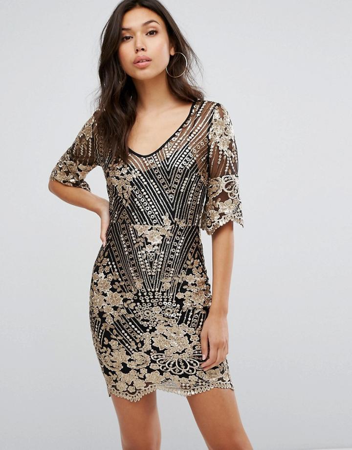 Tfnc Sequin Midi Dress With Scalloped Hem And Sleeve-black