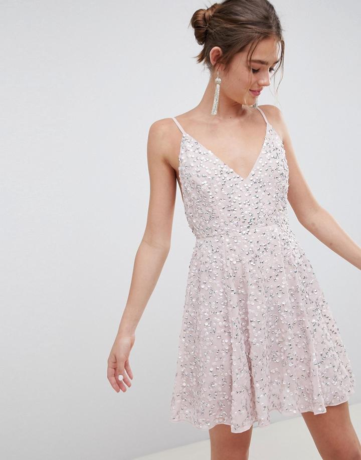 Asos Design Delicate Sequin Plunge Mini Dress With Full Skirt - Pink
