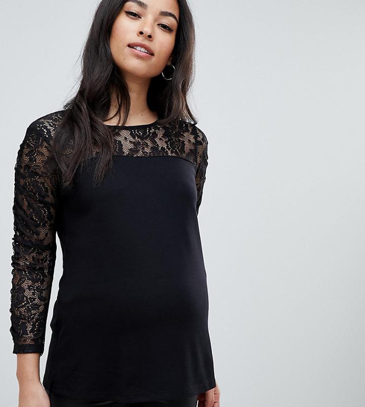 Asos Design Maternity Nursing Double Layer Top With Lace Insert-black