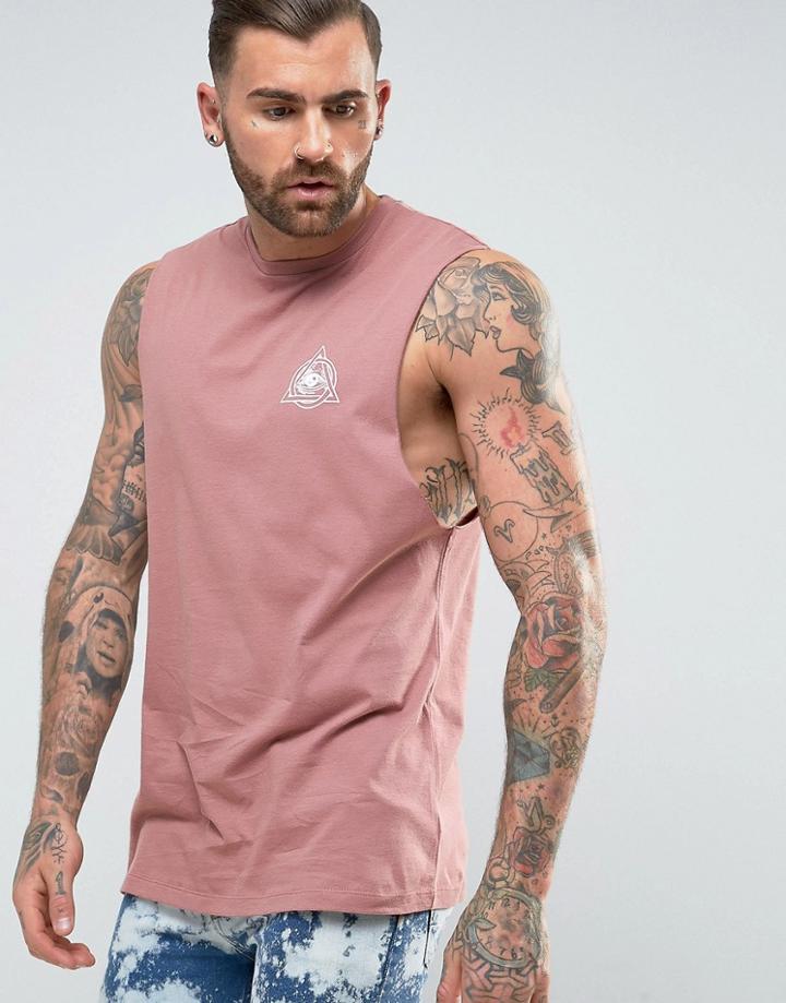 Asos Longline Sleeveless T-shirt With Dropped Armhole & Symbol Back & Chest Print - Pink