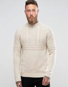 Asos Lambswool Rich Cable Sweater With High Neck In Oatmeal - Beige