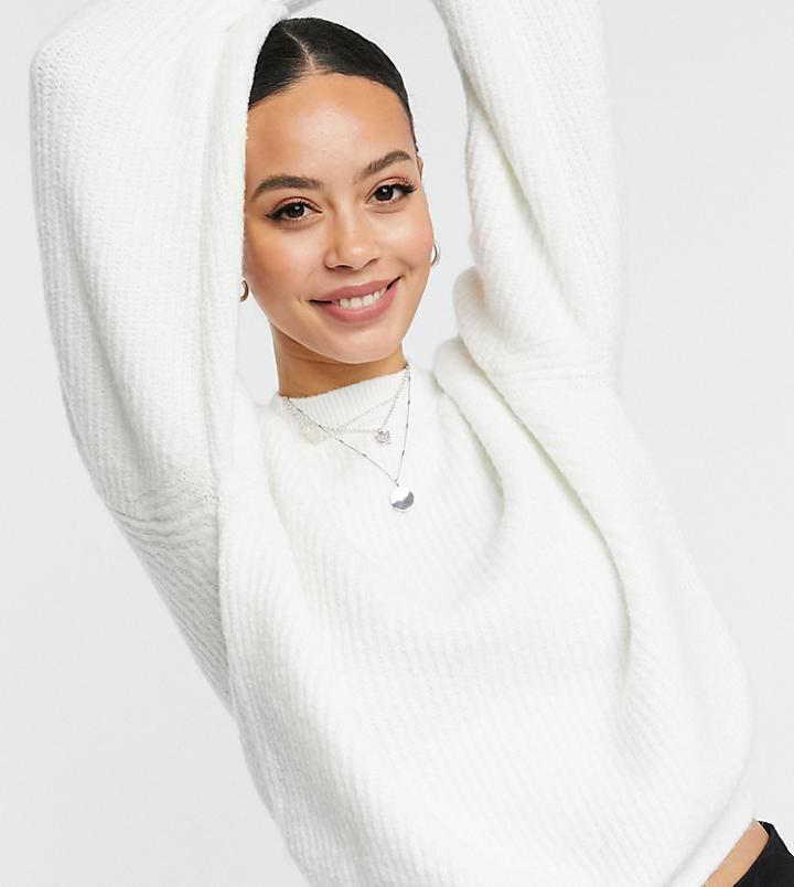 Asos Design Tall Crew Neck Fluffy Sweater With Balloon Sleeve-neutral