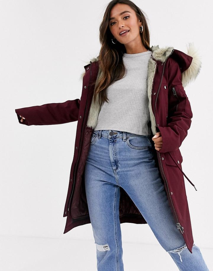 Asos Design Parka With Detachable Faux Fur Liner In Oxblood-purple