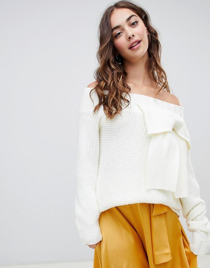 Lost Ink Off Shoulder Sweater With 3d Bow In Chunky Knit - White