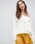 Lost Ink Off Shoulder Sweater With 3d Bow In Chunky Knit - White