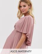 Asos Design Maternity Cape Back Detail Pleated Midi Dress-pink