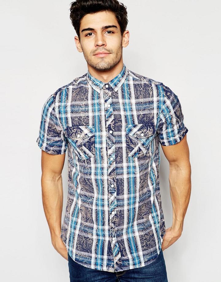 Brave Soul Summer Check Short Sleeve Shirt - Blue