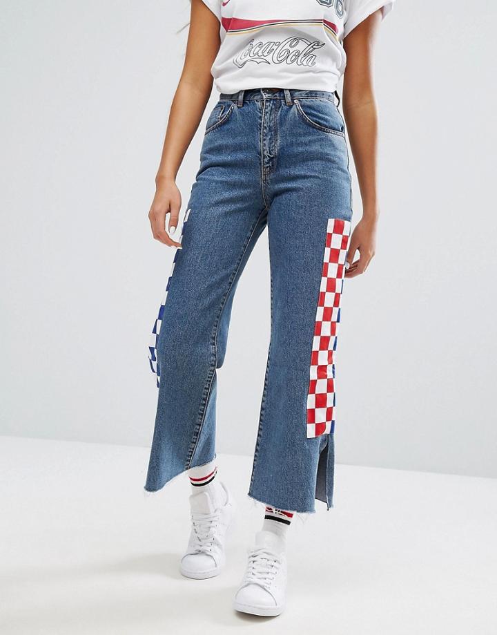 The Ragged Priest Skater Jeans With Checkerboard Panels And Ankle Split - Blue