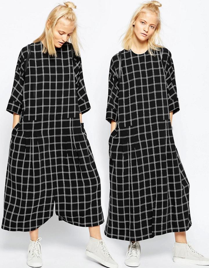 Asos White Grid Oversized Jumpsuit Dress