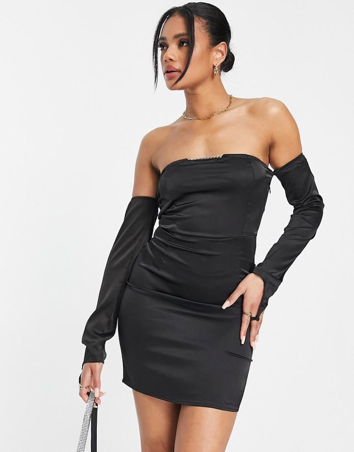Naanaa Strapless Satin Body-conscious Dress With Sleeve Detail In Black