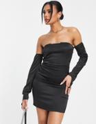 Naanaa Strapless Satin Body-conscious Dress With Sleeve Detail In Black