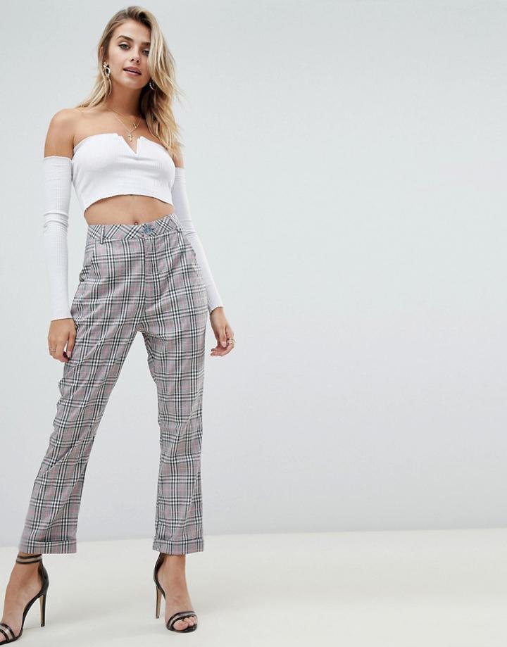 Prettylittlething Button Front Pants In Gray Check - Multi
