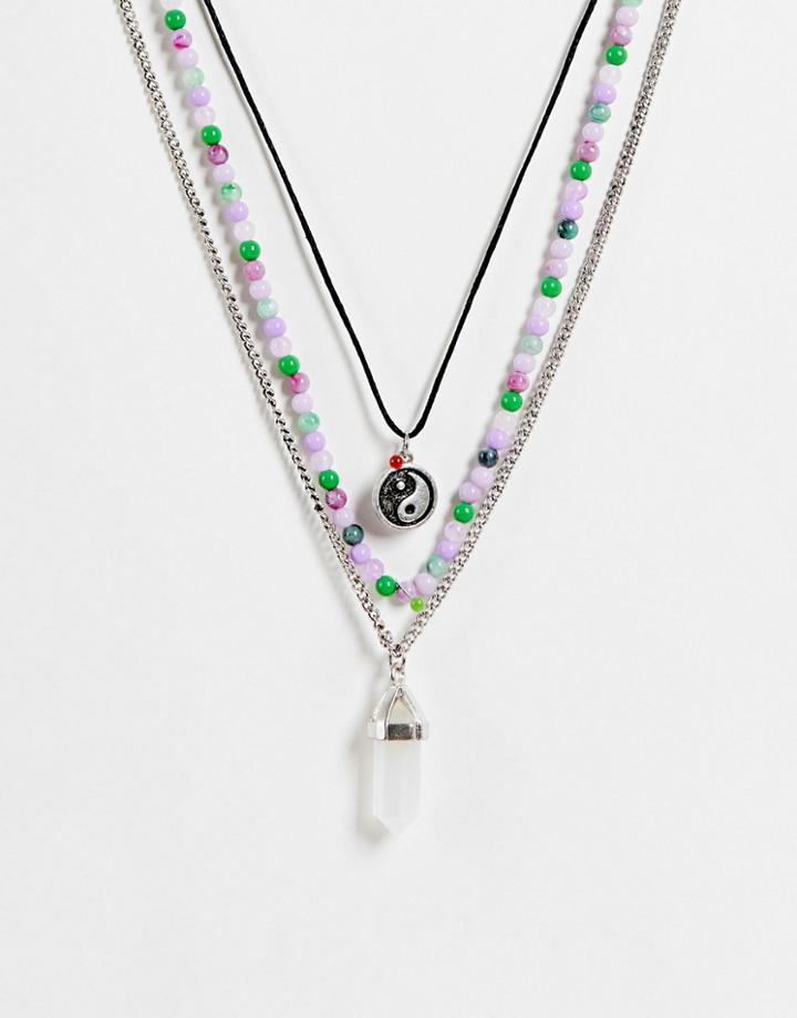 Asos Design Mutli Row Necklace In Semi Precious Look Beading And Rope Design-multi