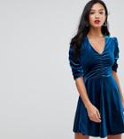 John Zack Petite Mini Ruched Skater Dress In Allover Velvet - Blue