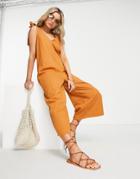 Asos Design Twill Contrast Stitch Tie Shoulder Minimal Jumpsuit In Tobacco-brown