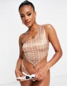 Asos Design One Shoulder Bikini Top In Pretty Tile Print-multi