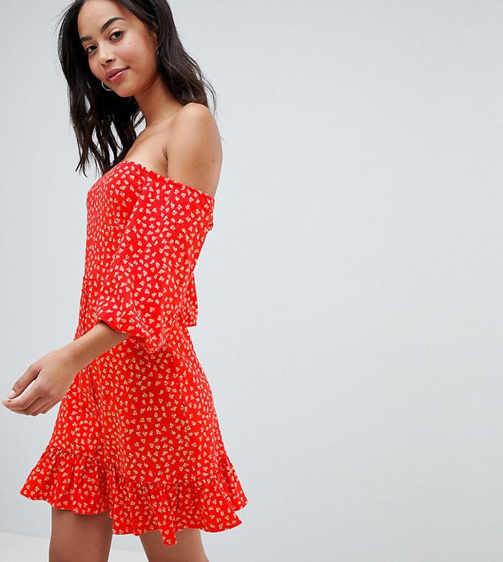 Asos Design Tall Off Shoulder Mini Sundress With Bubble Sleeve In Ditsy Print - Multi