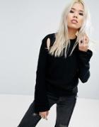 Asos Chunky Sweater With Cutouts And Fluted Sleeve - Black