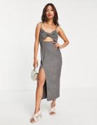 Asos Design Tailored Herringbone Twist Front Midi Dress-grey
