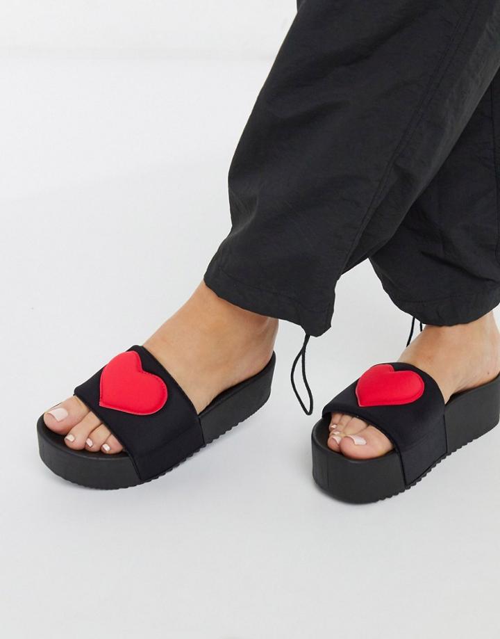 Asos Design Flori Flatform Slides In Black With Heart Print