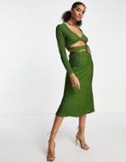 Asos Design Long Sleeve Cut Out Waist Midi Dress In Dark Green