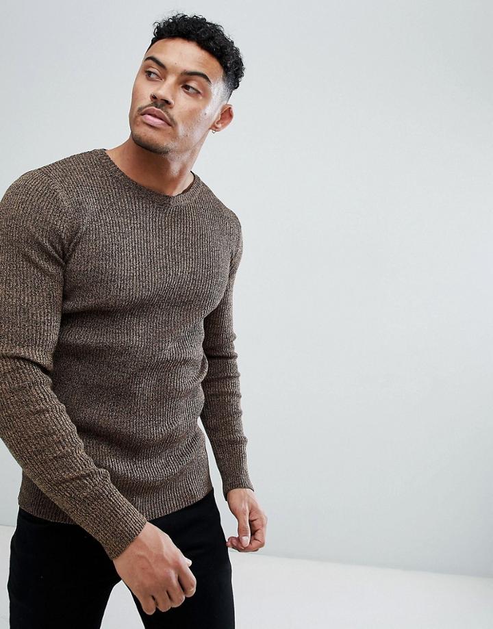 Asos Design Muscle Fit Ribbed Sweater In Tan Twist
