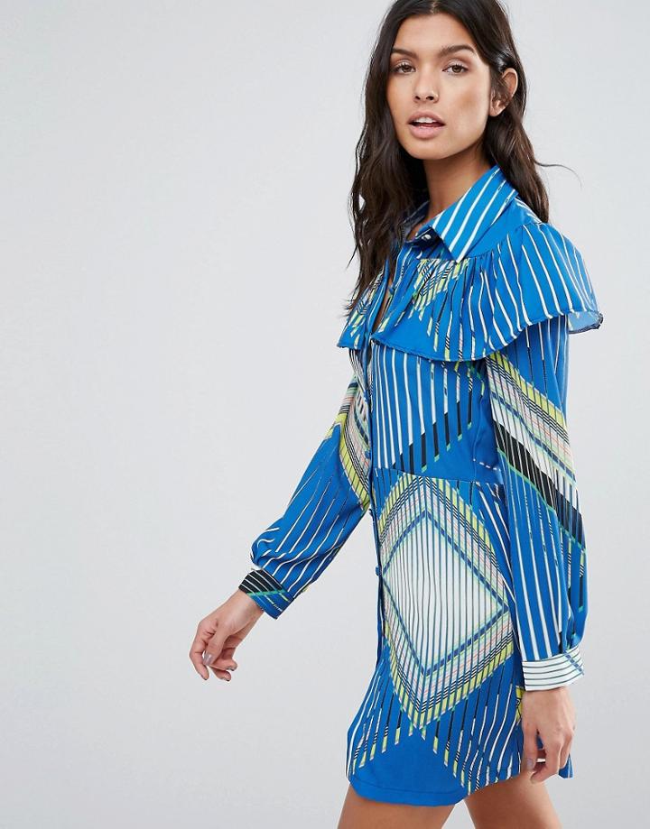 Liquorish Ruffle Tea Dress In Geometric Print Dress - Blue