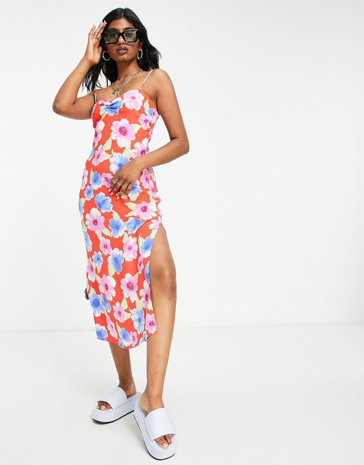 Bershka Large Floral Printed Midi Dress In Red