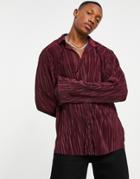 Asos Design Relaxed Shirt In Plisse Fabric In Burgundy-red
