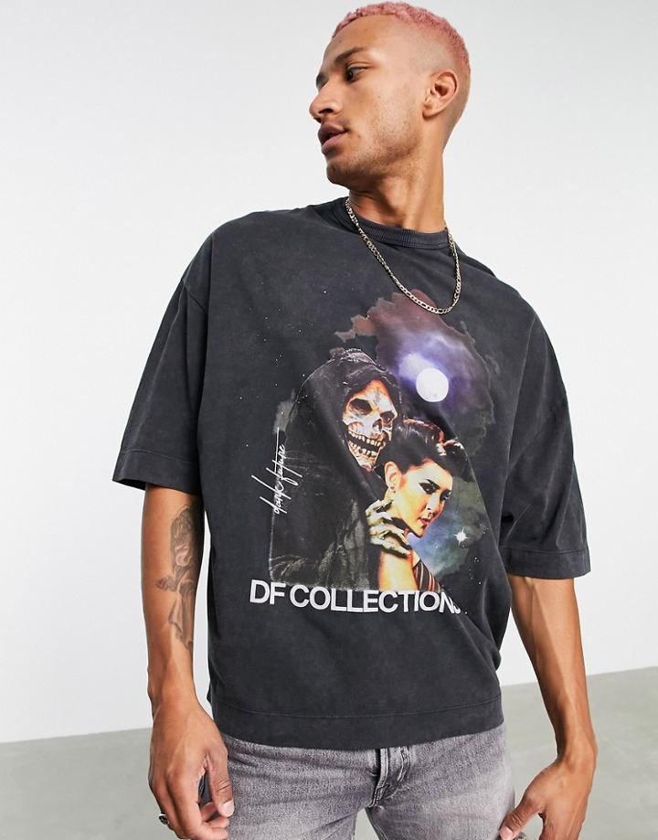 Asos Dark Future Oversized T-shirt With Gothic Graphic Print In Black Acid Wash