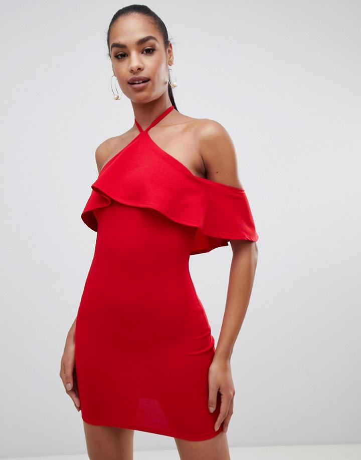 Ax Paris Halterneck Frill Dress - Red