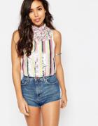 Asos Sleeveless High Neck Embellished Crop Top In Stripe - Multi