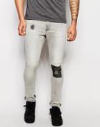 Asos Super Skinny Jeans With Printed Knee - Light Gray