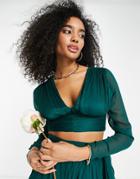 Asos Design Bridesmaid Long Sleeve Top With Wrap Waist Detail In Forest - Part Of A Set-green