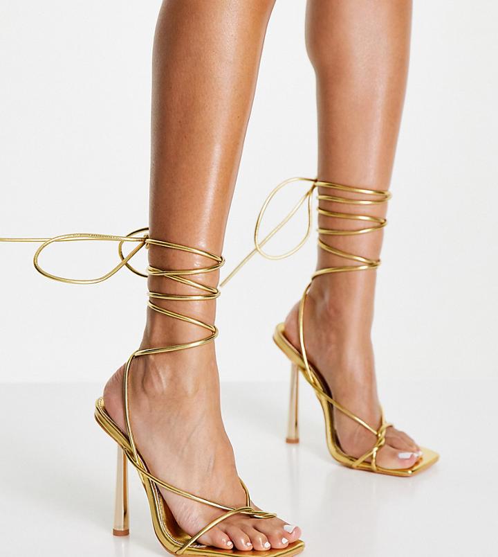 Public Desire Wide Fit Lacey Heeled Sandals With Ankle Tie In Gold