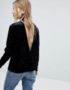 Pieces Velvet High Neck Top With Deep V Back - Black