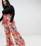 Lost Ink Plus Wide Leg Trouser In Blossom Print With Paper-bag Waist - Multi