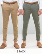 Asos 2 Pack Super Skinny Smart Pants In Brown And Khaki - Multi
