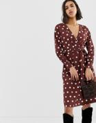 Vero Moda Deep V Polka Dot Tie Waist Midi Dress-multi