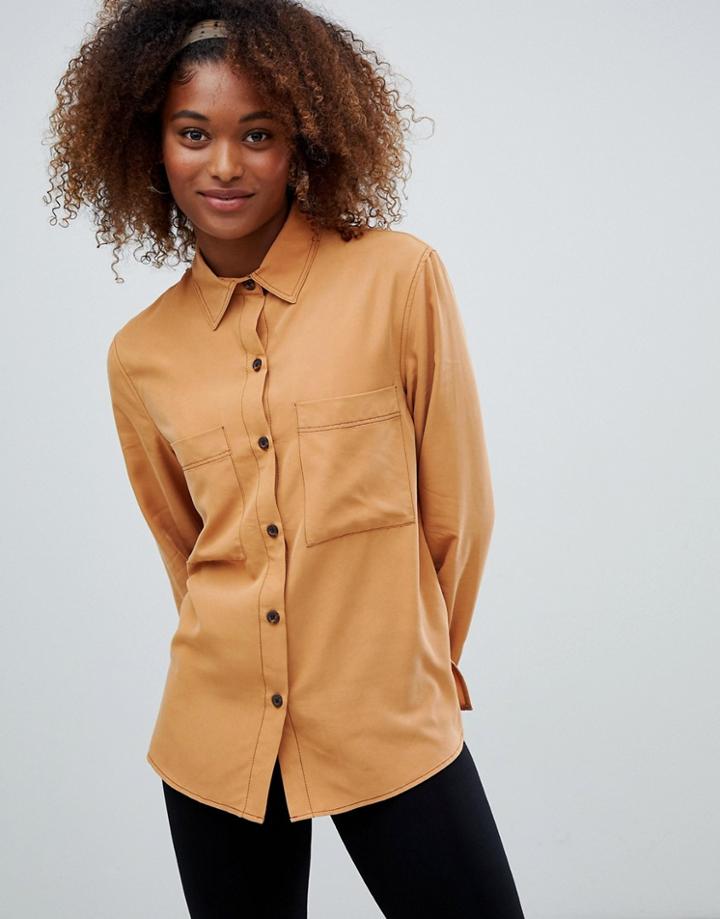 Bershka Contrast Stitch Shirt - Beige