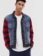 Levi's Youth Type 2 Hybrid Wool Check Sleeves Denim Trucker Jacket In Woodsman Black/blue Mid Wash