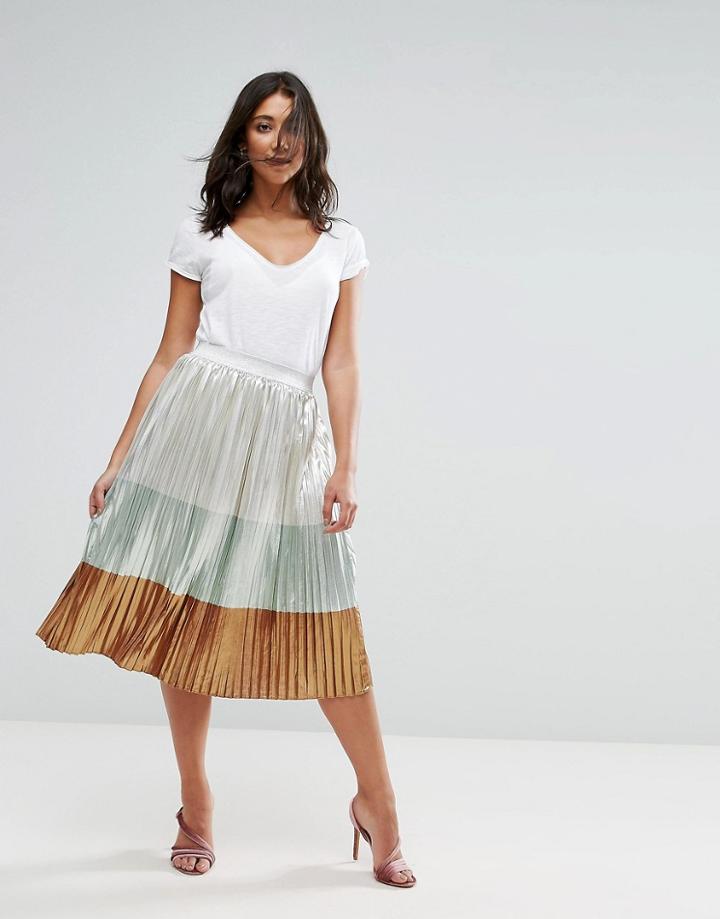 Liquorish Metallic Pleated Midi Skirt - Copper