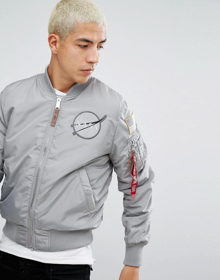 Alpha Industries Ma-1 Nasa Reversible Bomber Jacket In Gray/galaxy Print - Silver