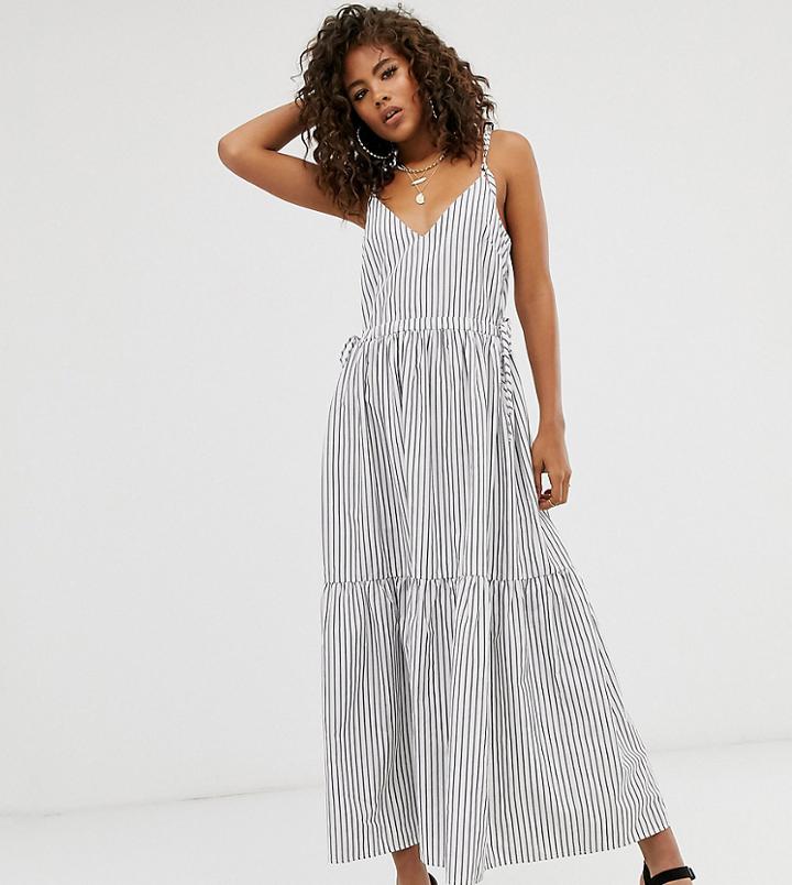 Asos Design Tall Tiered Cami Maxi Dress In Mono Stripe-multi