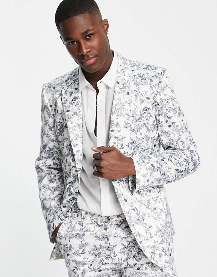 Asos Design Skinny Single Breasted Suit Jacket In Black And White Printed Floral