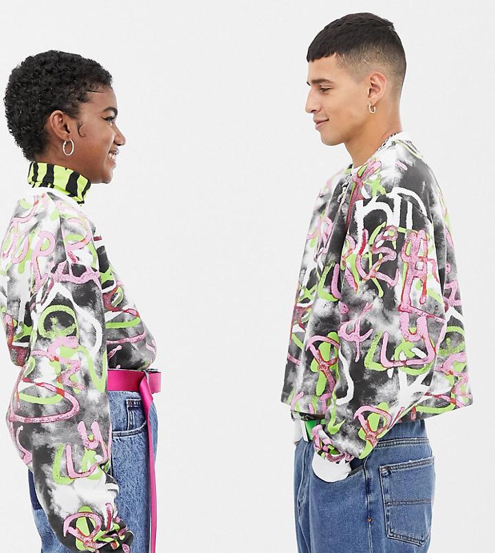 Collusion Unisex X Rene Matic Cropped Printed Sweatshirt In Black - Multi
